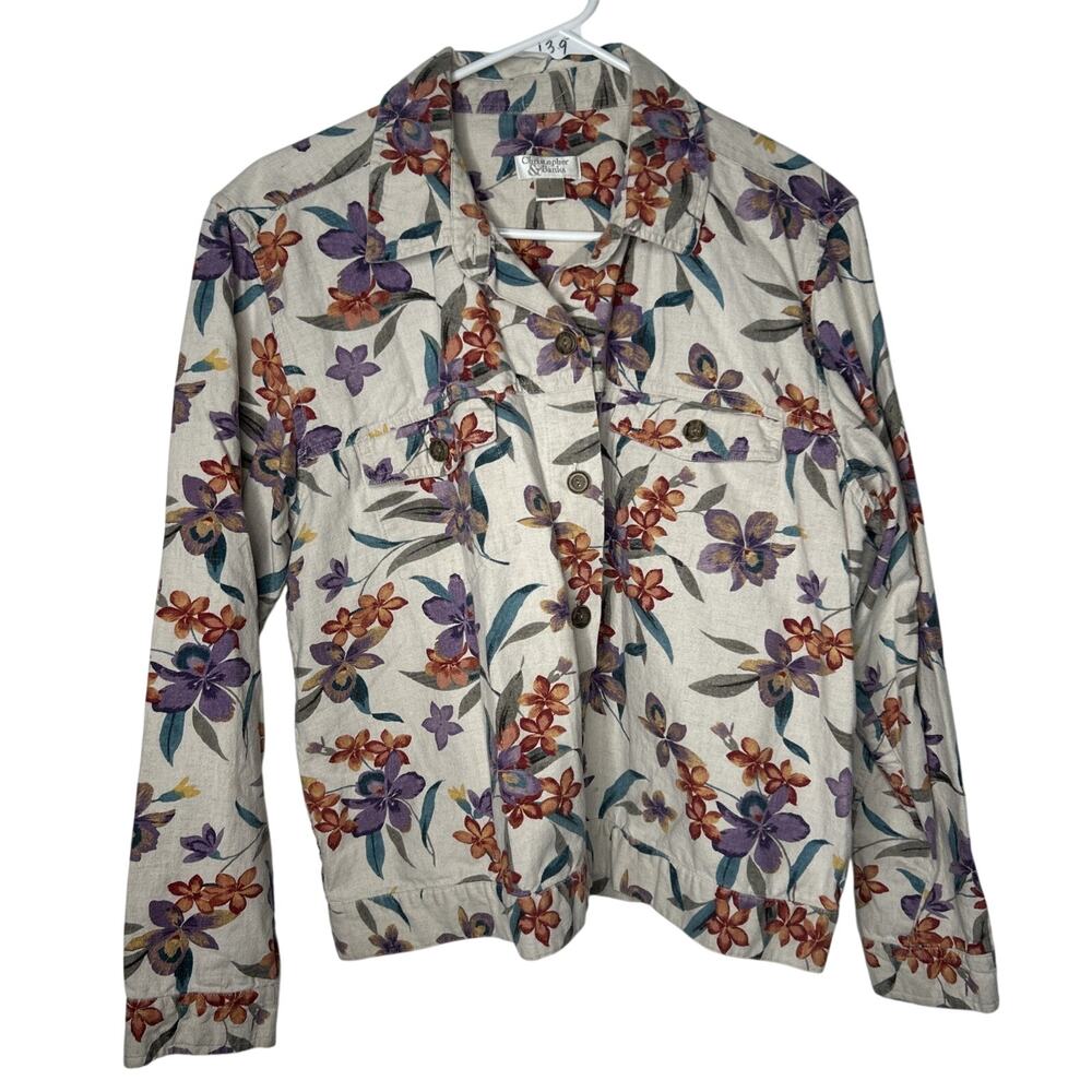 Christopher & Banks Jacket Large Linen Cotton Blend Button-Front Purple Floral